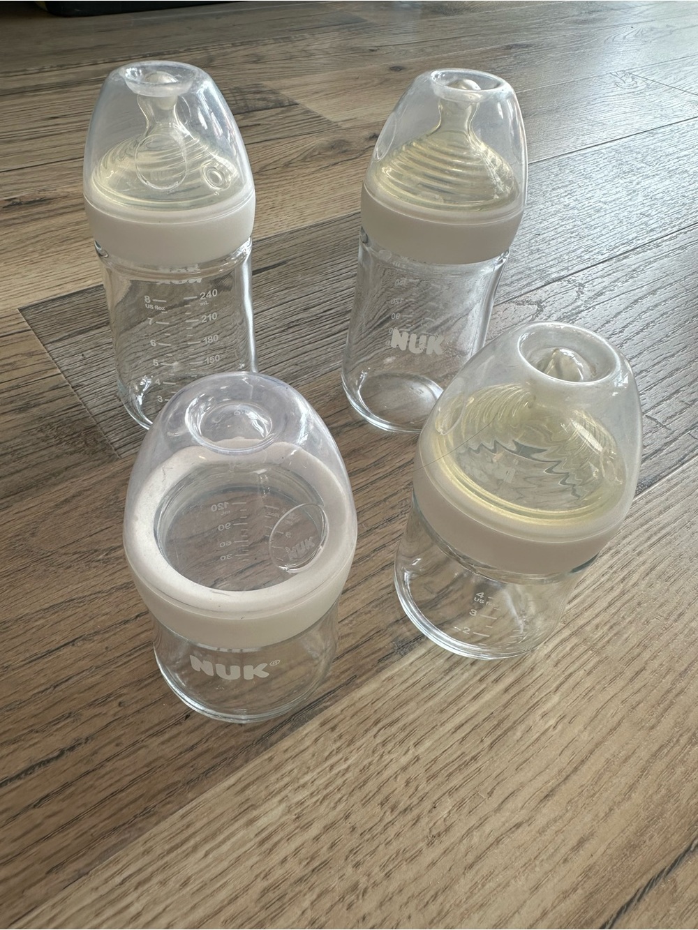 Bundle of 4 NUK Clear Glads Baby Bottles with Soft Silicone Nipples 8oz and 4oz